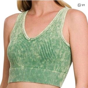 Zenana Washed Green Ribbed Reversible Crop Tank Top
